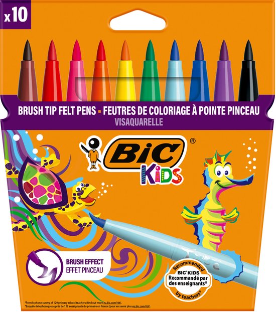 BIC Kids Visaquarelle - Viltstiften - Stiften voor Kinderen - Kleurstiften met Flexibele Penseelpunt - 10 Stuks