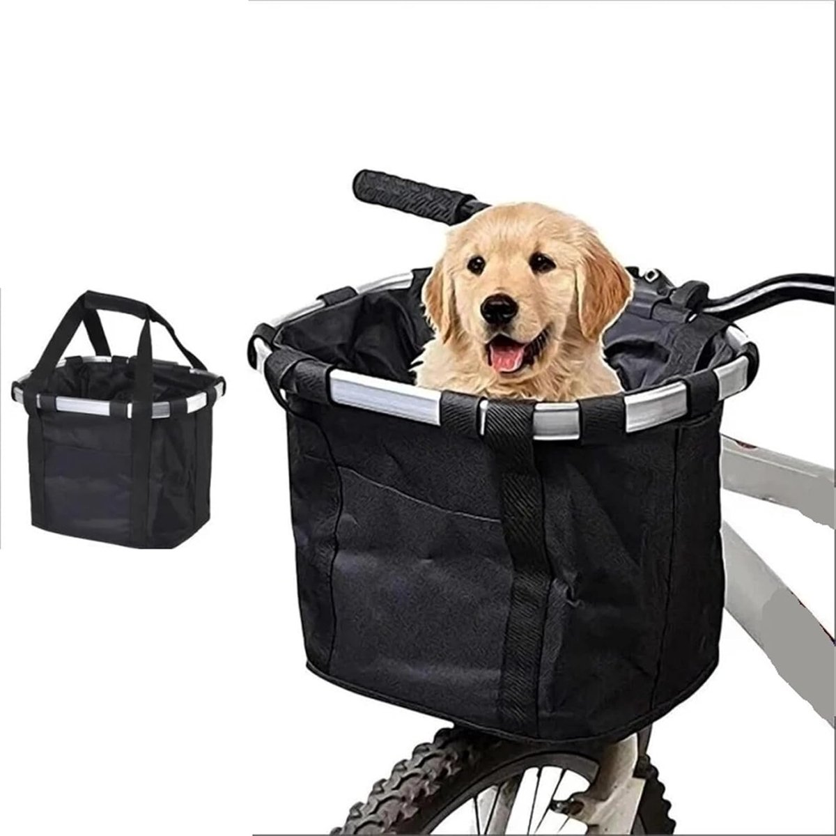Fietsmand Hond Afneembaar voor kleine hondjes MAX 5 KG - Zwarte Hondenmand Fiets Voorop - Mand Accessoires & Reflectiestrip - Hoge Kwaliteit