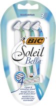 Verpakking met 4 Bic Soleil Bella scheermesjes, met productinformatie, in meerdere talen.