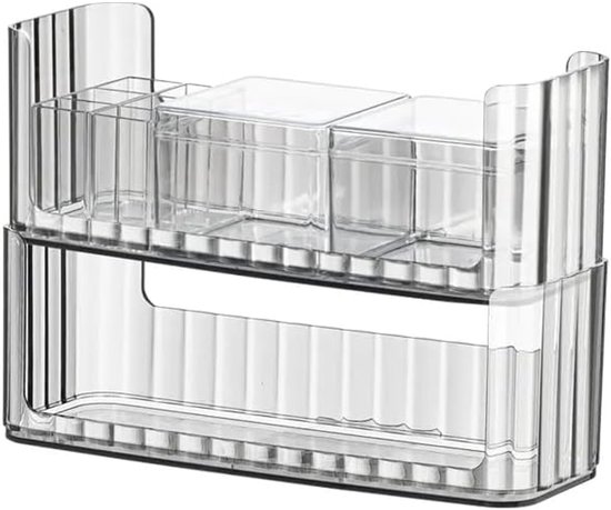 Transparante make-up organizer, badkamerkast organizer, stapelbare lippenstifthouder, PET-materiaal transparante spiegel opbergdoos set voor ijdelheid, cosmetica, katoenen bal, wattenschijfje
