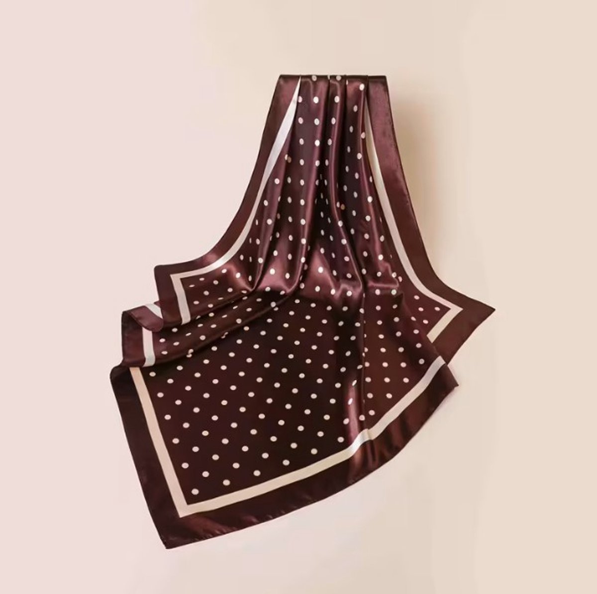 Stijlvolle Trendy Sjaal Chocolade - Donkerbruin - Bruin - Crème - Off White - Dots – 90 x 90 cm | Hoofdband - Sjaaltje - Bandana - Haarband | Gestipt - Stip - Polkadot - Dots | Prachtige glans | Chique om nek of aan tas! DH collection