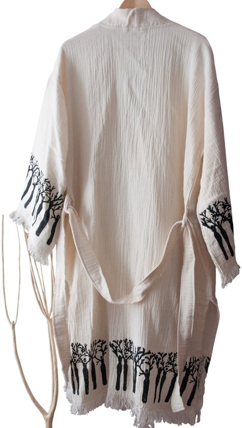Ederlezi - Mousseline Kimono Bomen – Ademend mousseline 100% katoen - Houten Bomenstempel - Beige