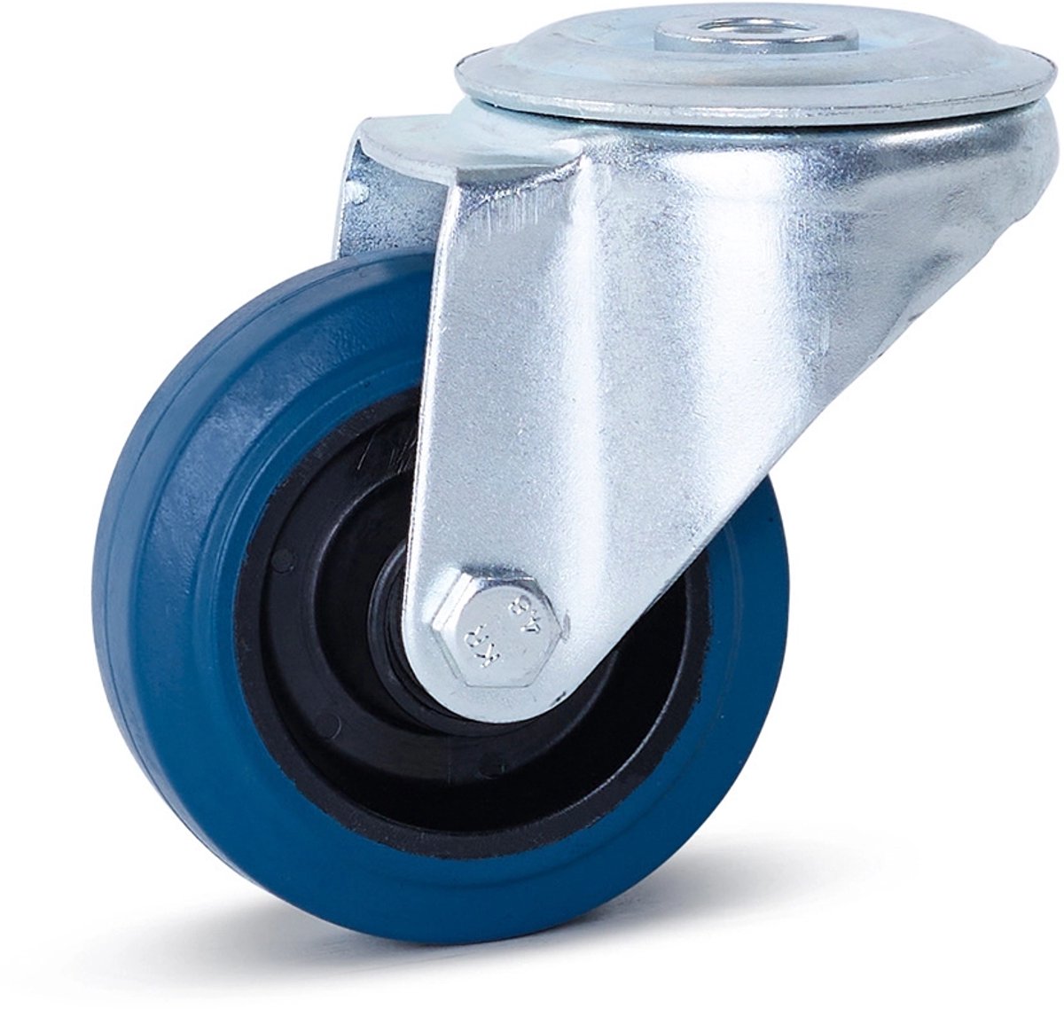 Blauw elastisch rubber zwenkwiel met centraal gat - 80mm - 100kg