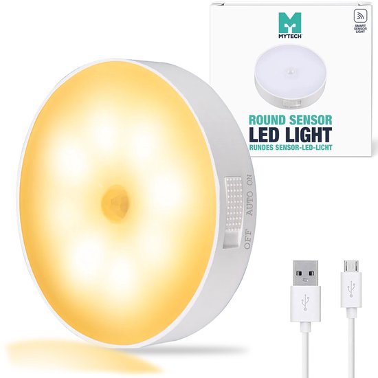 MyTech rond sensor LED-licht, wit met warm wit licht, aan/uit/auto-schakelaar, USB-kabel en verpakking.