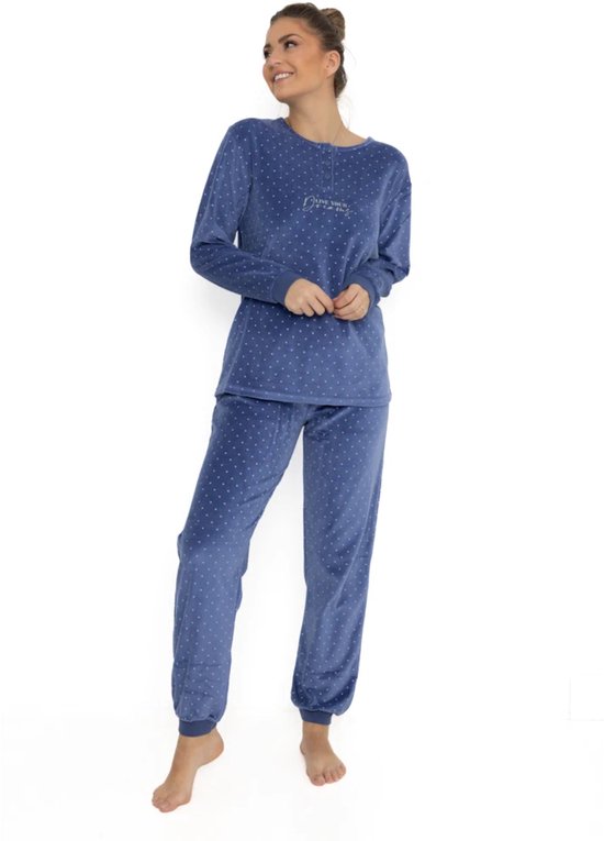 Cocodream dames pyjama - velours - maat S - Live your dreams - blauw