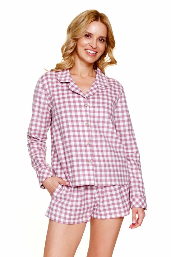 Dames Flanellen Pyjamaset 100% Katoen, Geruit, Lang Shirt met Knopen