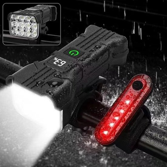 Fietslamp met 12 LED's, Geschikt Geschikt voor- en achterlicht, oplaadbaar, waterdicht IP65, 1800 mAh, 9500 lumen, fietslamp met 6 + 5 standen, Geschikt Geschikt voorlicht met dimmer, Geschikt Geschikt Geschikt Geschikt voor mountainbike en racefiets