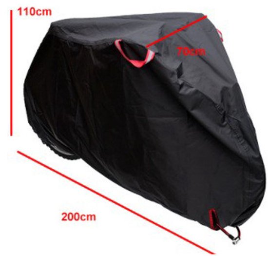 Zwarte fietsafdekking met afmetingen van 200x110x70cm. Met rode lussen.