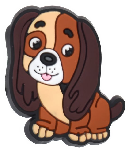 Zittende bruine cartoonhond met lichtere vlekken op hoofd en oren, en bruine lange hangende oren.