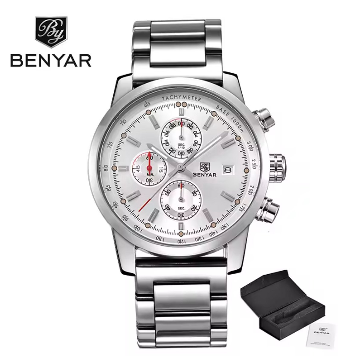 BENYAR Horloge BY-5102 - Zilverkleurig-Wit - Heren - Quartz - Chronograaf - Stalen Band - Luxe Sportief