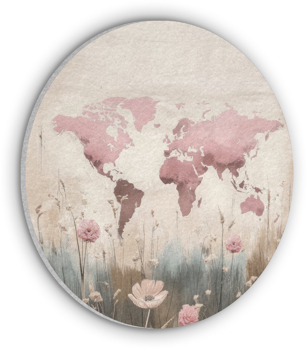 Akoestisch wandpaneel rond 90x90 cm - Vilt schilderij Wereldkaart - Roze - Bloemen - Ronde akoestische panelen - Geluidsdempende wanddecoratie - Geluidsisolatie wandcirkel - Muurdecoratie geluidspanelen