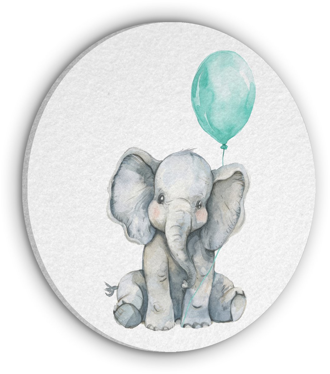 Akoestisch wandpaneel rond 50x50 cm - Vilt schilderij Olifant - Baby - Dieren - Blauwe ballon - Ronde akoestische panelen - Geluidsdempende wanddecoratie - Geluidsisolatie wandcirkel - Muurdecoratie geluidspanelen