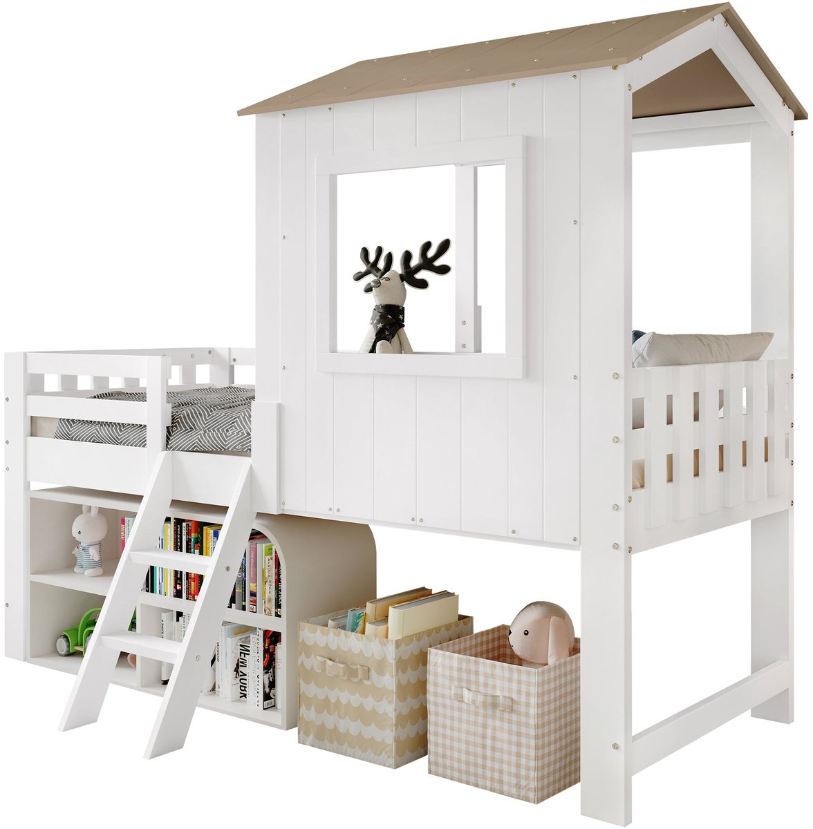 Merax Kinderbed 90×200 cm Hoogslaper – Halfhoogslaper Huisbed met Dak en Ramen – Houten Bed met Trap en Veiligheidshek – Wit met Naturel Bruin