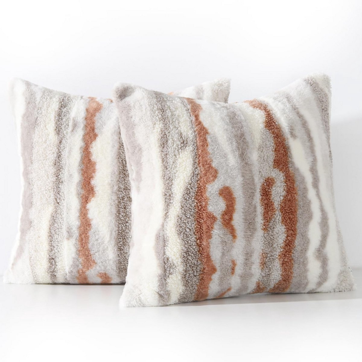 BOG Set Van 2 Pluche Zachte Nepwol Sierkussenslopen - Decoratieve Kussenhoes Voor Bank - Slaapkamer - 60x60cm - Oranje-Taupe