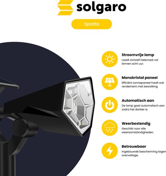 Solgaro SpOtta: Solar lamp, monokristal paneel, automatisch aan, weerbestendig, betrouwbaar.