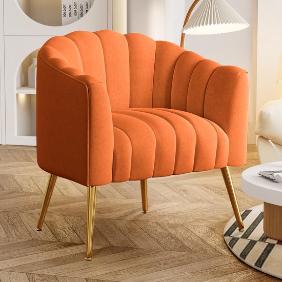 Fauteuil citrouille SEYNAR de Luxe - 71 x 69 x 69 cm - Chaise simple avec Pieds en métal - Velours - Oranje