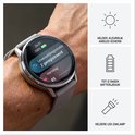 Grijze smartwatch om een pols. Het scherm toont 'Levensstijlregistratie 2 geregistreerd' en hartslag.