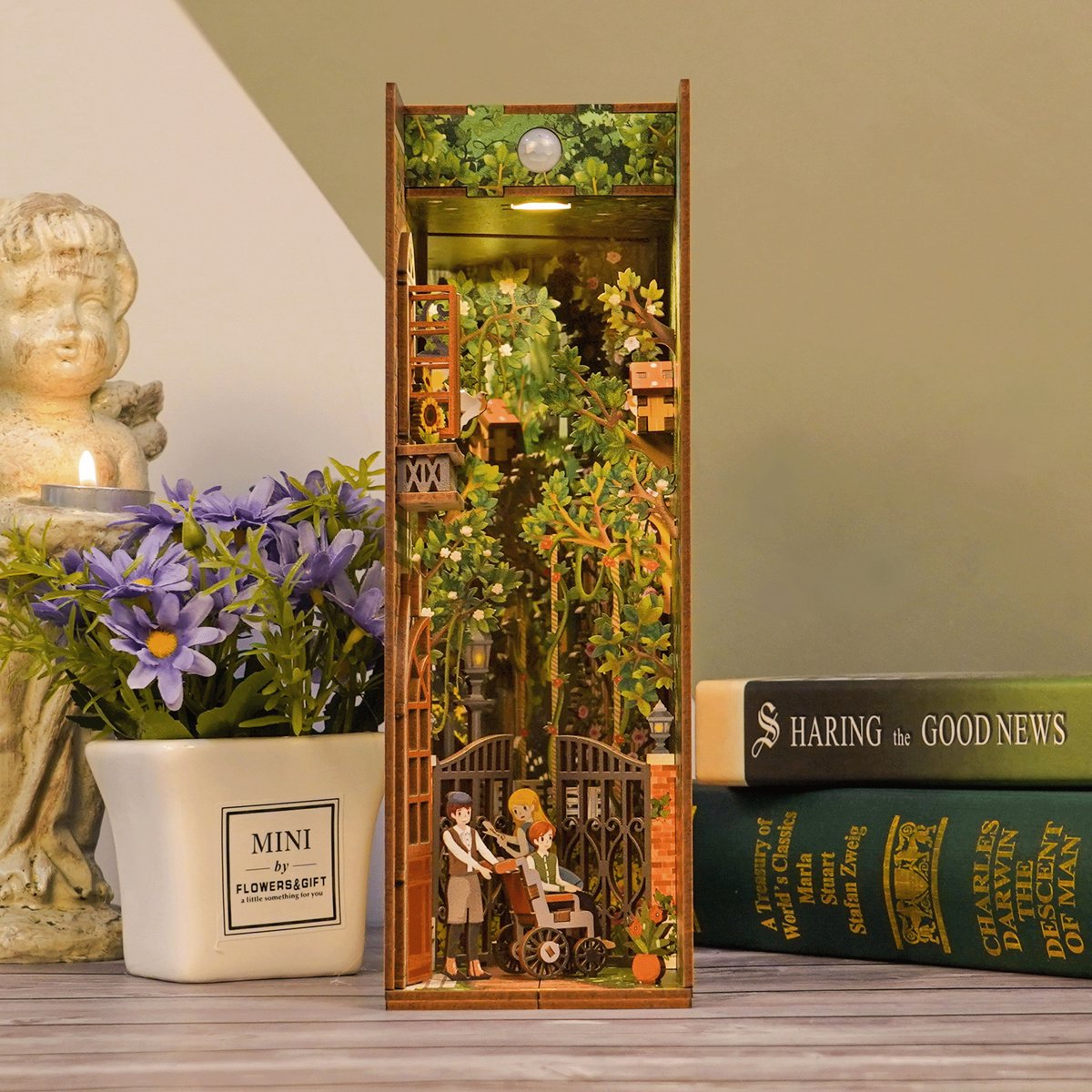 Tonecheer The Secret Garden Book Nook Bouwpakket - Modelbouw - 18,2 x 8 x 24,5 cm - Houten 3D Puzzel - Boekensteun - LED-licht - Bewegingssensor Licht - Boekenhouder — afbeelding 6