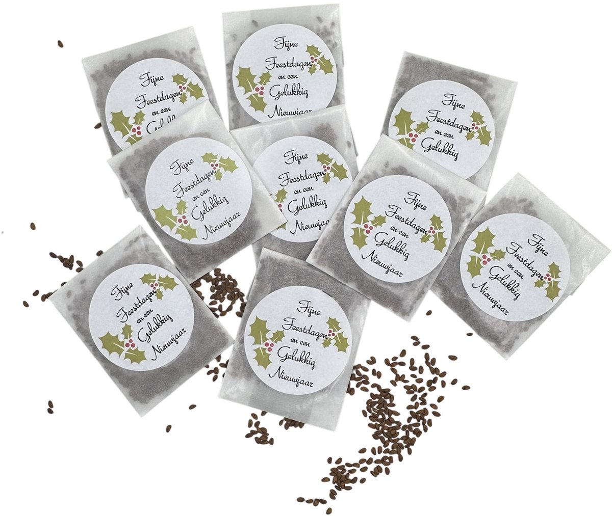25 stuks, Fijne feestdagen en een gelukkig nieuwjaar,kerst,biologisch,tuinkers,,bedankje,mini kadootje,uitdeel,weggeef,weggeefzakje, zaden,
