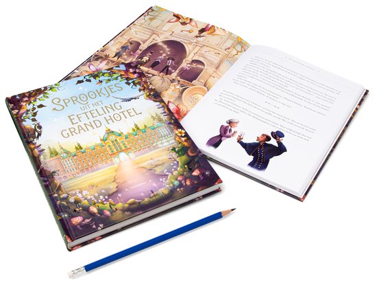Een open boek met de titel "Sprookjes uit het Efteling Grand Hotel". Een potlood ligt naast het boek. Binnenin illustraties van hotelmedewerkers en tekst.
