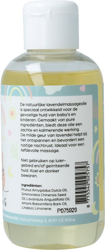 Fles met gele massageolie, achterkant met tekst en regenboog/maan decoratie.