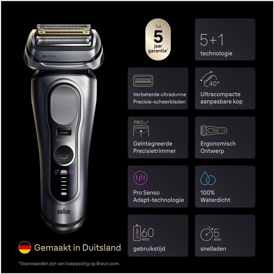 Braun Series 9 PRO+: technologie 5+1, tête à 40°, ergonomique, 100% étanche, 60 min d'autonomie, charge rapide 5 min. Fabriqué en Allemagne.