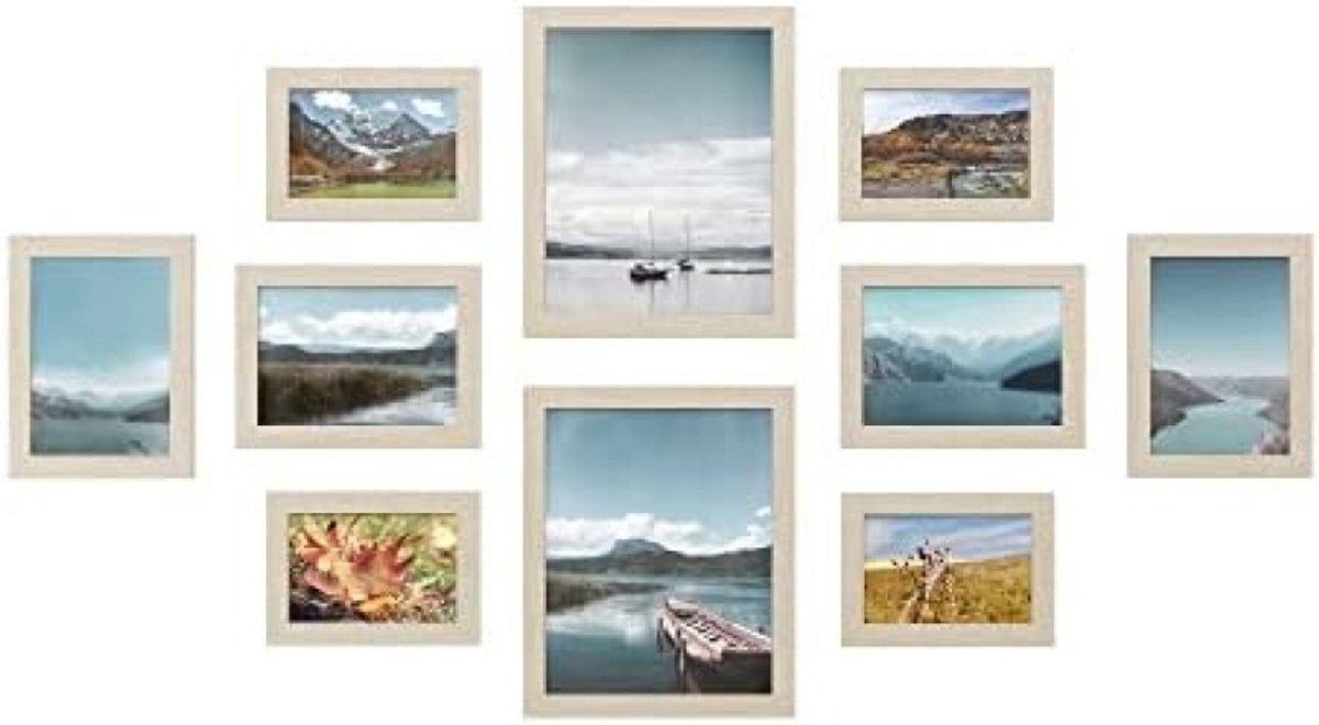 PromoHome Fotolijst Set van 10 Stuks - 20x25 cm, 13x18 cm en 10x15 cm Formaten - Natuurkleur MDF Lijsten met Kunststof Glas - Muur en Tafel Opties - Inclusief Ophangsystemen