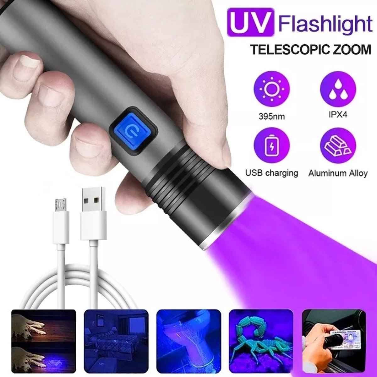 Oplaadbare LED UV Blacklight Zaklamp