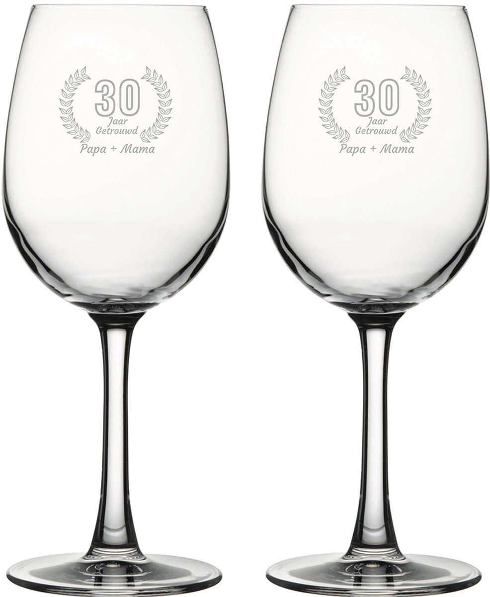 Gegraveerde set witte wijnglazen 36cl Papa + Mama 30 jaar getrouwd