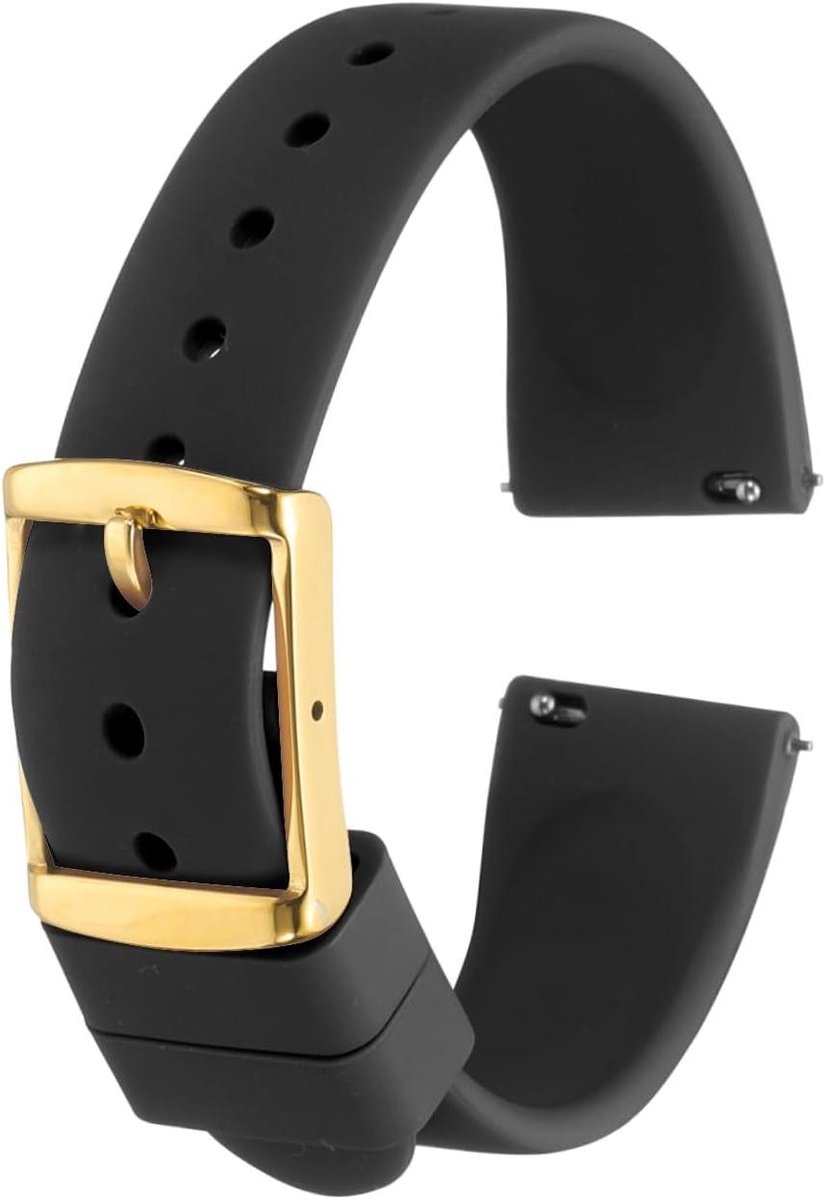 Allecto plus - Vervangende siliconen horlogeband 18 mm zwart met snelwissel en gouden sluiting. Geschikt voor mannen en vrouwen.