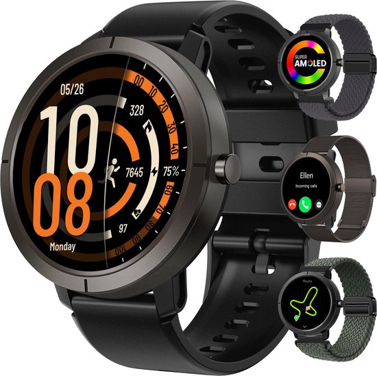 Synyq Evo Pro - GPS Smartwatch - 4 Bandjes - 42mm - AMOLED - 5ATM Waterdicht - Stappenteller - Hartslagmeter - Slaapmonitor - Multisport - Belfunctie - Bluetooth Smartwatch voor Dames en Heren - iOS & Android - Zwart