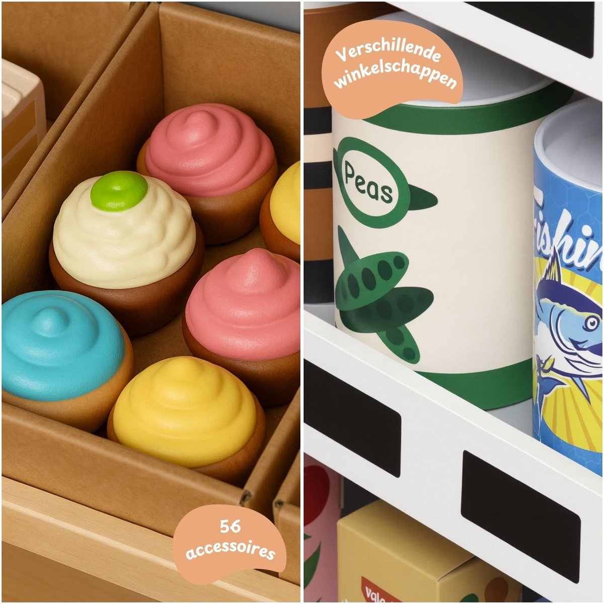 Maxx Kidz Houten Speelgoed Winkeltje – Supermarkt met 56 Accessoires – Inclusief Kassa, Groente, Fruit & Meer – Inclusief hoek – Houten Winkel vanaf 3 Jaar — afbeelding 3