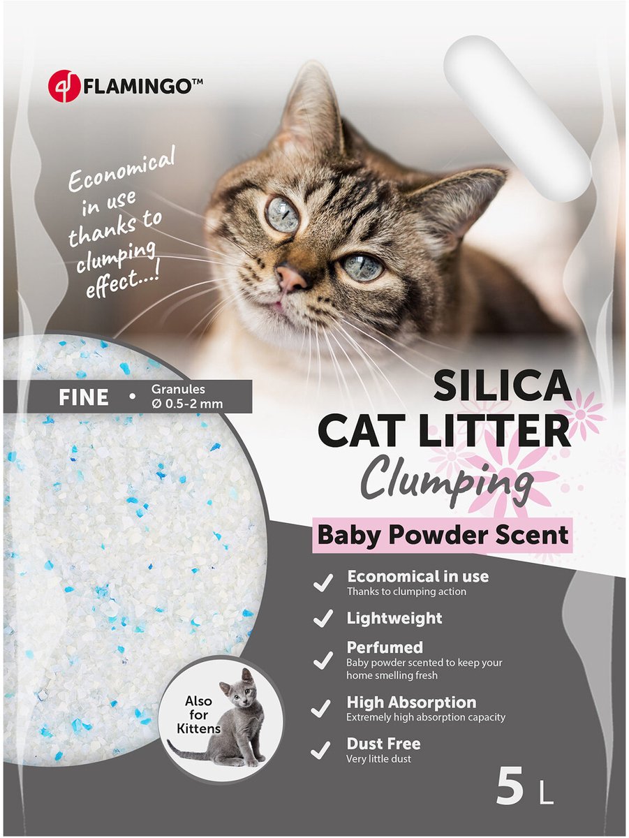 Flamingo Kattenbakvulling Silica Babypoeder – 5L voor 6 weken gebruik – fijne korrel – klonterend en geparfumeerd
