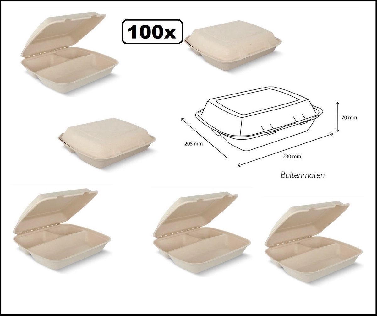 100x Menubox 3vaks - suikerriet - kleur bruin - 3 vaks maaltijd eten food bak vakken menu afhaal