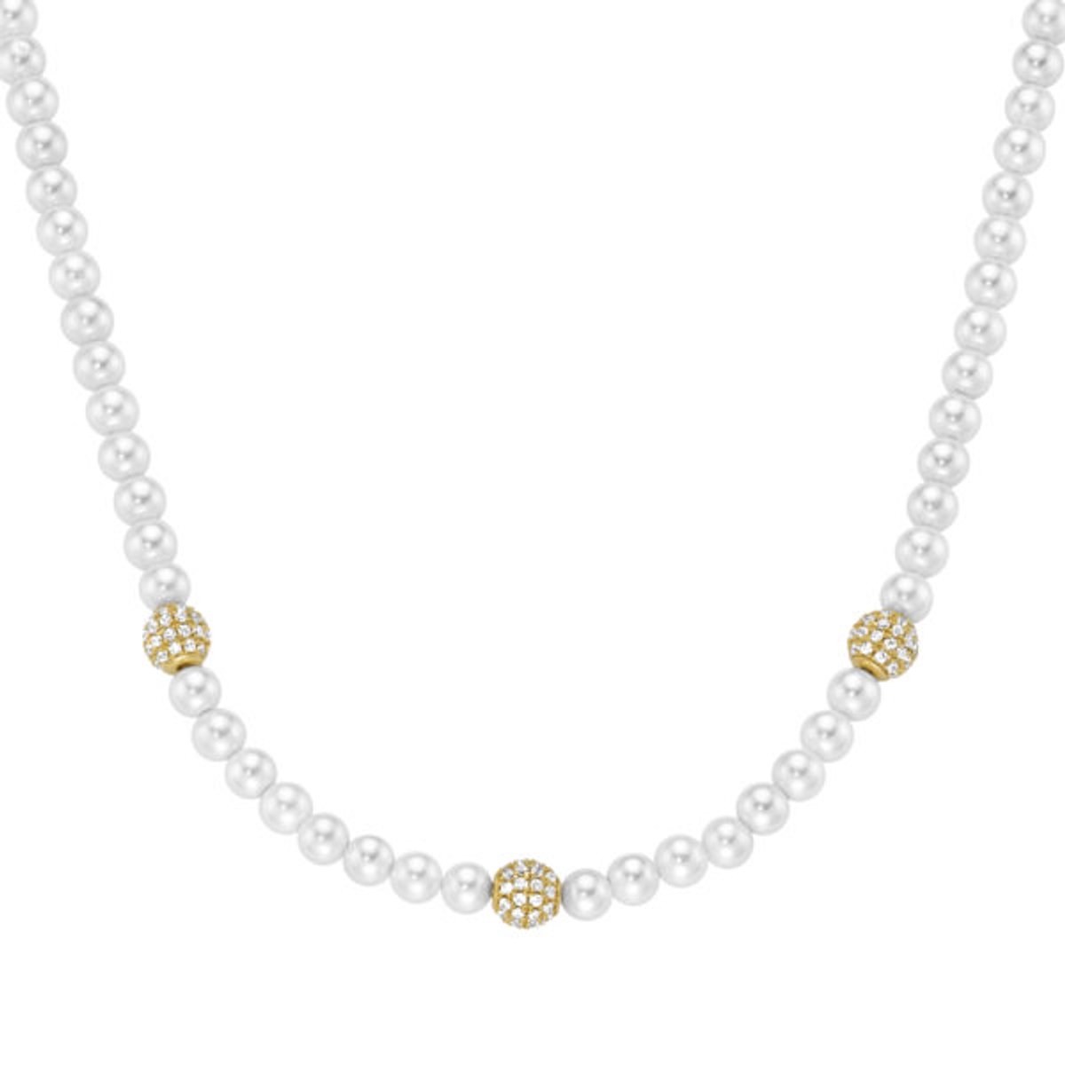 Giorgio Martello schelp parel collier | ketting 45 cm., 925/- sterling zilver geelgoud vergulde zirkonia bolletjes.