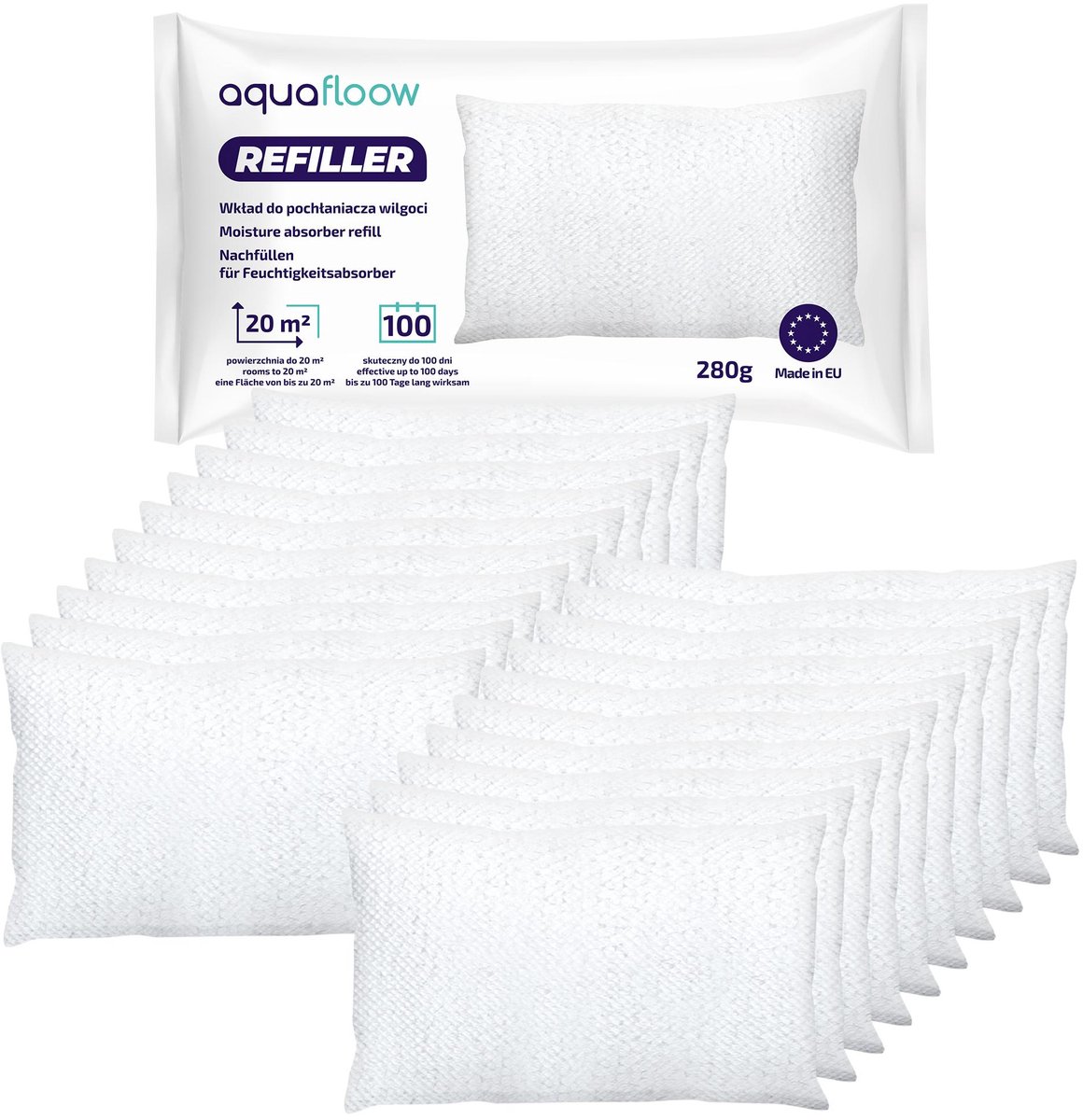 Aquafloow 20x Navulzak Granulaat 280 g, Navulverpakking voor Ruimte Ontvochtiger, voor Rui