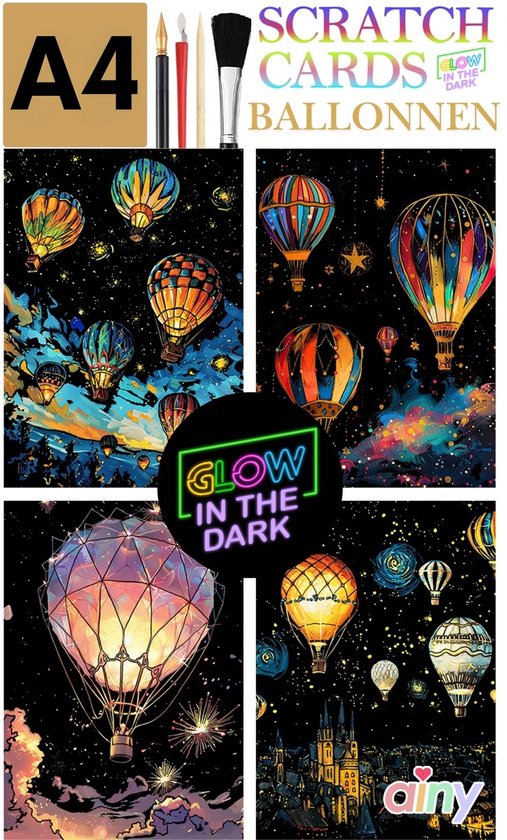 Ainy - Glow in the Dark Scratch Art luchtballon (A4) | 4 krastekeningen incl kraspen | Kras tekeningen | Schilderen op kleuren kunst kraskaart | hobby & creatief voor volwassenen en kinderen ( meisjes ) | Knutselen - DIY ontspanningspakket