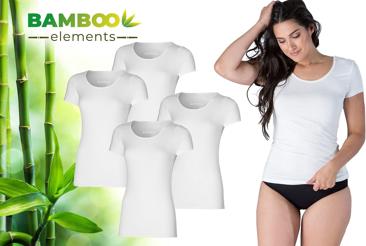 Bamboo - T Shirt Dames - Bamboe - Ronde Hals - 4 Stuks - Wit - L - Anti Zweet Shirt Dames - Bamboe Ondershirt - Onderhemd Dames Shirts Korte Mouw - Extra Lang