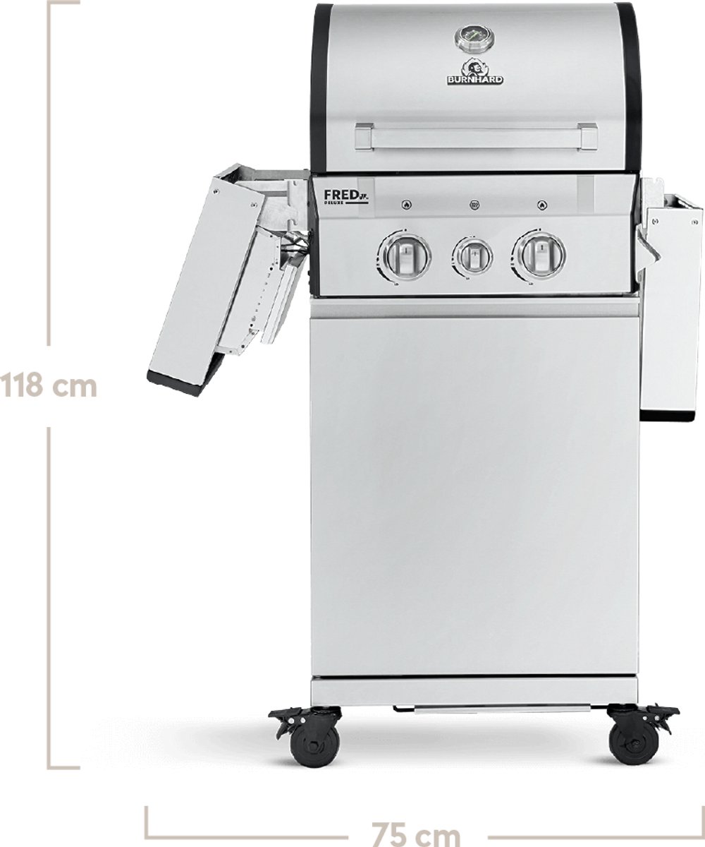BURNHARD® 2 Branders gasbarbecue FRED Jr. Deluxe Series 3 incl. 900°C keramische infraroodbrander, gietijzeren grillrooster + inklapbare zijtafels thumbnail 5
