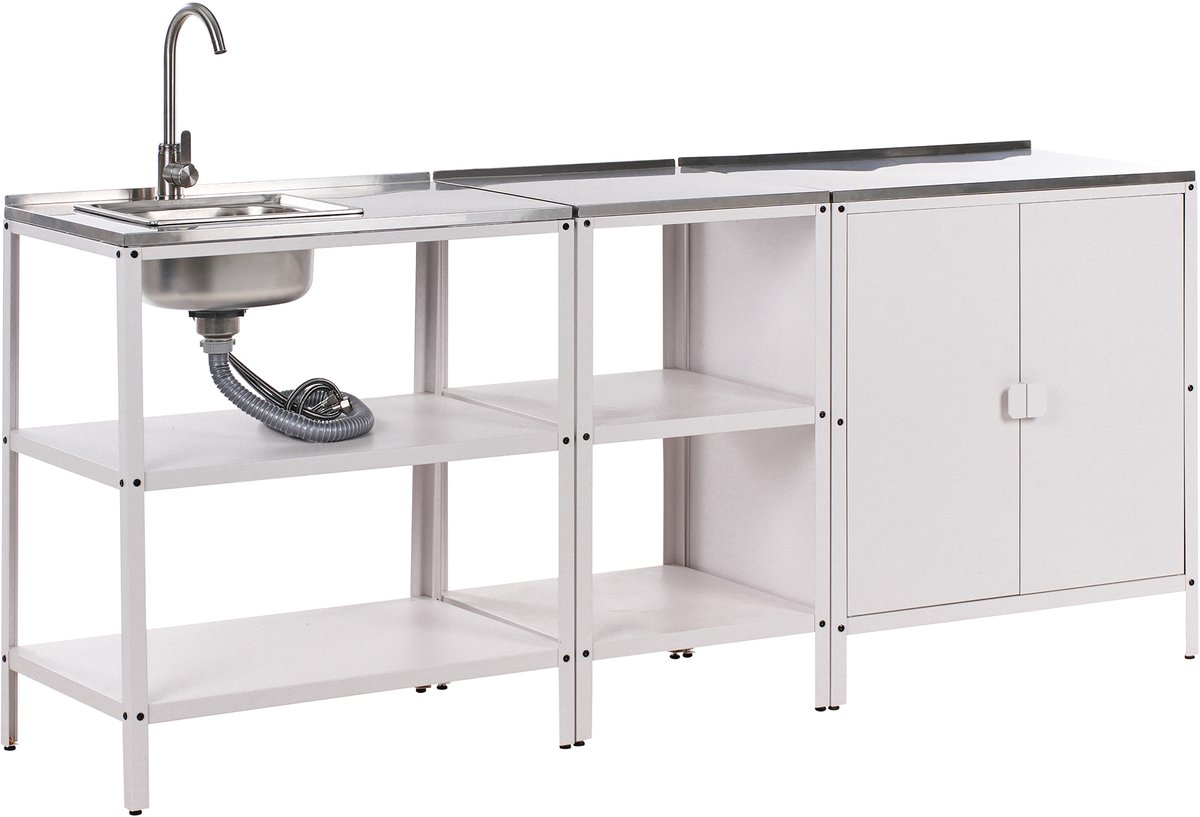 VILAMA - Tuin kookeiland met keukenkast 3-delig - Wit - RVS