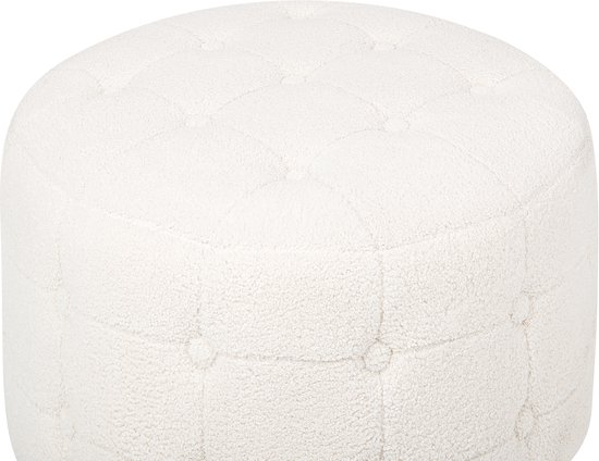 Bovenaanzicht van de ronde, witte bouclé poef met knopen.