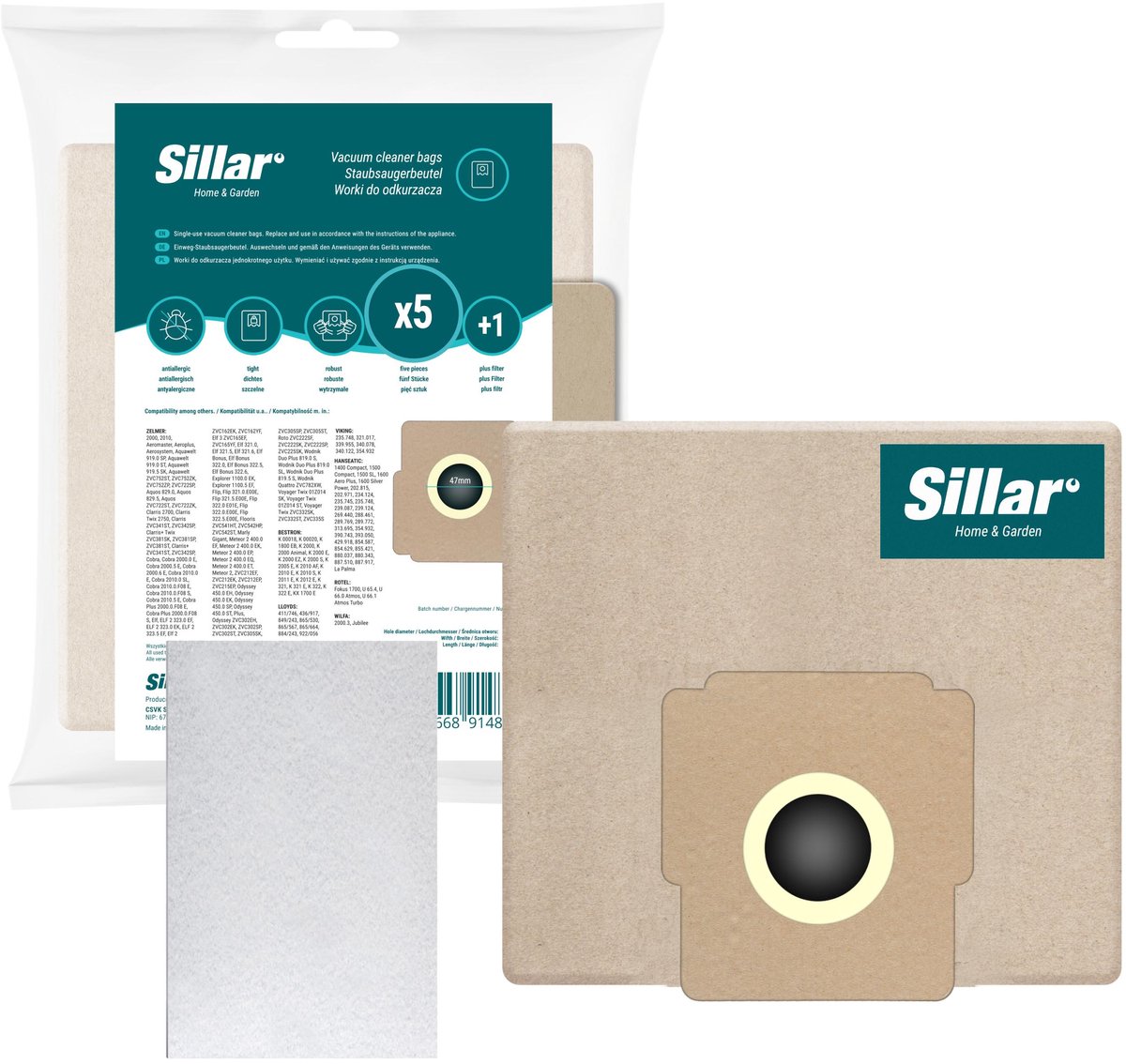 Sillar , stofzuigerzakken, papieren, met filter, 2 filterlagen, vervangingsonderdeel, geschikt voor stofzuigers Zelmer Elf Cobra Meteor Odyssey, 5 stuks