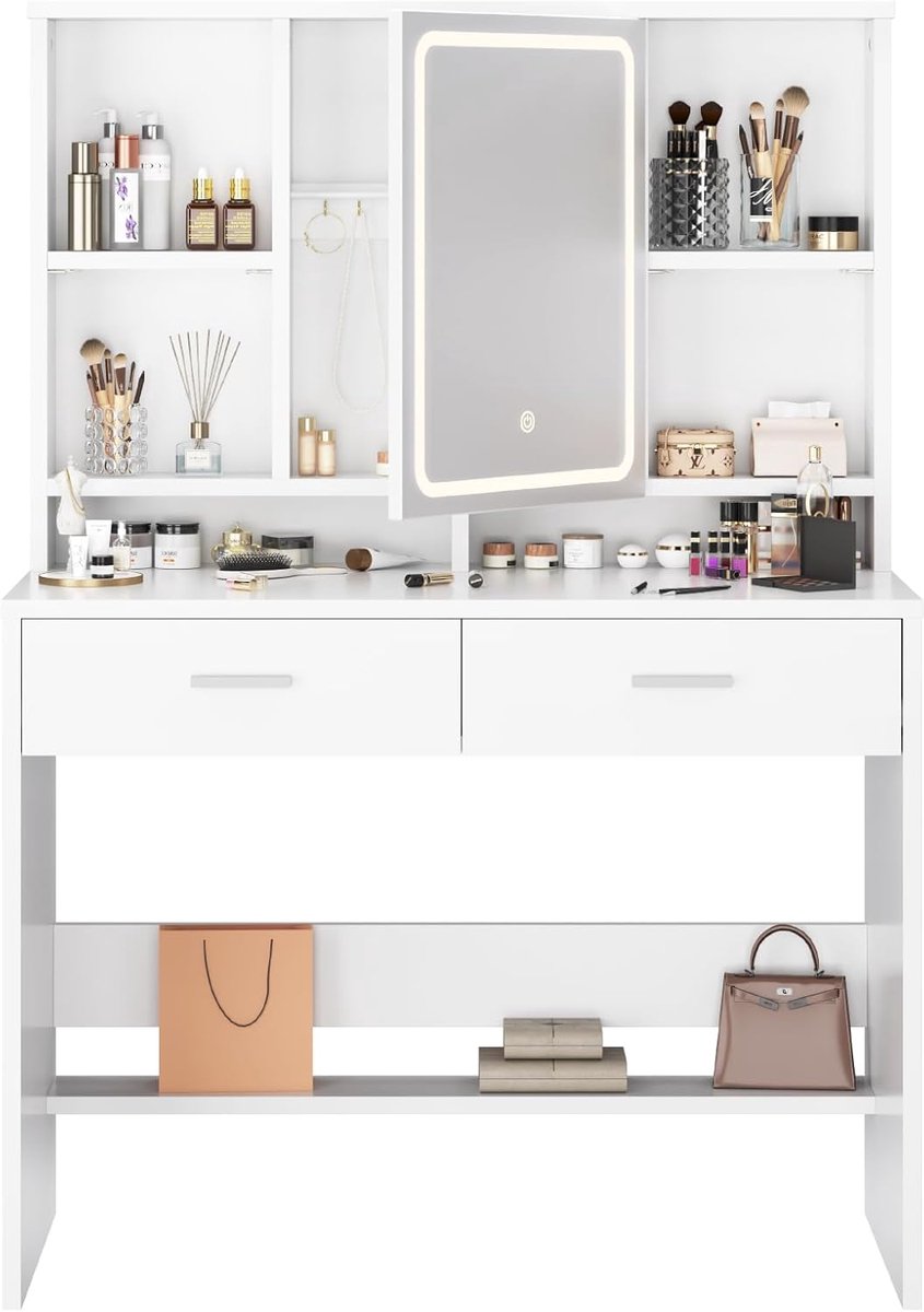 Moderne Make-uptafel met LED Lampjes en Verstelbare Planken