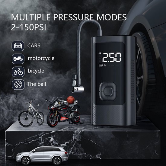 AC PCMOS RSD-CZX11A - Draagbare Compressor Bandenpomp – Luchtcompressor – Oplaadbaar – Fiets tot Auto – Elektrische Fietspomp – Inclusief opbergtas en 5 opzetstukken – tot 10 bar — afbeelding 5