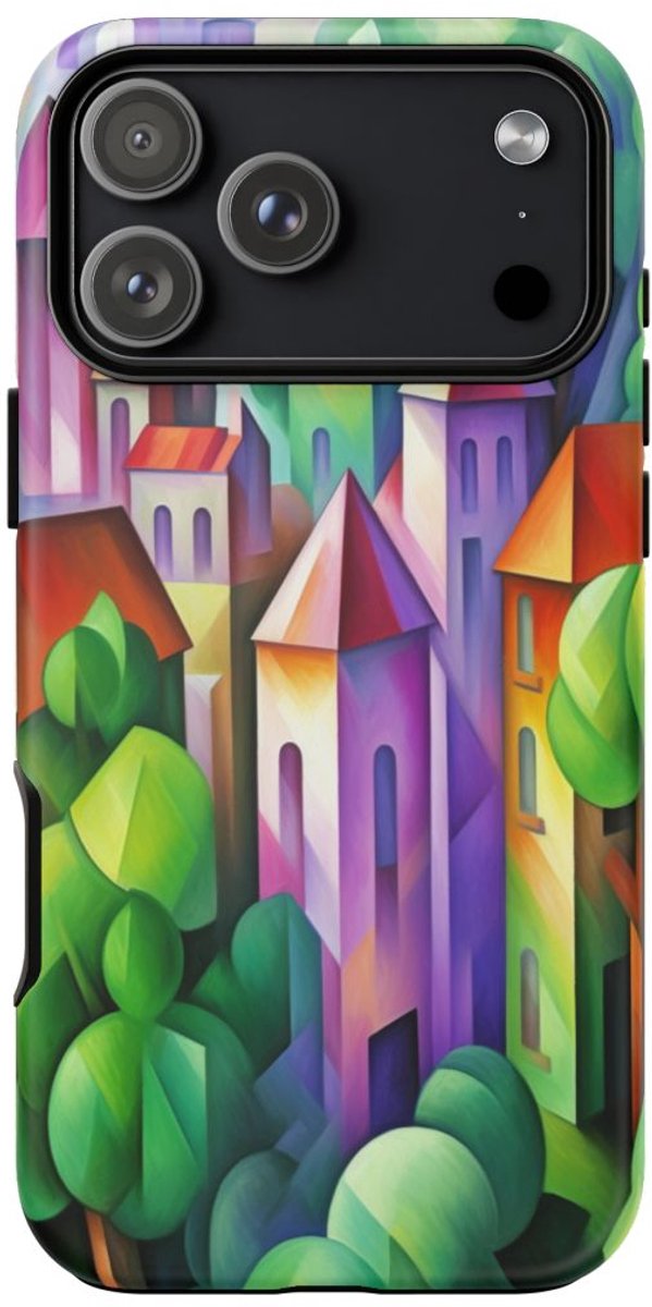 Abstract Kubistisch Dorp met Groen – Telefoonhoesje Geschikt voor iPhone 17 Pro Max