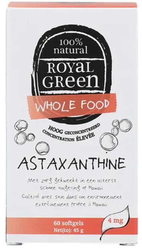 Doos met Royal Green Astaxanthine, 60 softgels, 4 mg. Gekweekt op Hawaii in een schone omgeving.