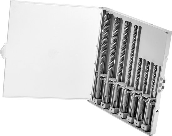 Set van 6 SDS-boren in een metalen cassette. De boren variëren in lengte, met de grootste vooraan.