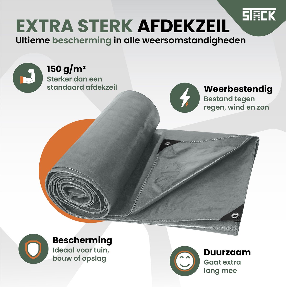 STACK® Extra Sterk Afdekzeil - 6x8m - Grijs - 150G/M2 - Waterdicht Bouwzeil & Zeildoek - Zeil Met Ringen - Beschermhoes & Afdekhoes voor Zwembad,Tuin Set,Motor,Scooter,Fietsen,Aanhangwagen,Scootmobiel,BBQ accesoires - Auto Hoes Bescherming — afbeelding 2
