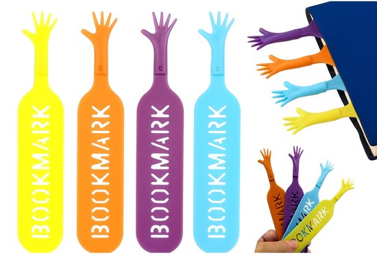 Foto: 4x boekenlegger in vorm van een hand i bladwijzer i bookmark hand i grappige boekenleggers i 4 verschillende kleuren