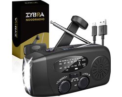 Zybra Draagbare Noodradio - Powerbank 2000 mAh - Zaklamp - Solar opwindbaar - SOS alarm - USB-C kabel - Noodpakket - Kunststof - Zwart